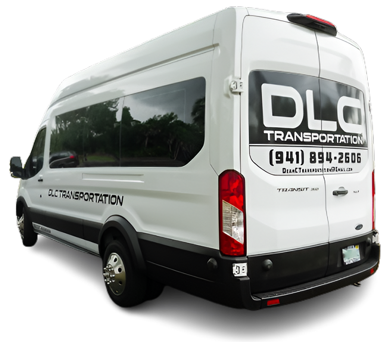 A white van with the dlo transportation logo on it.